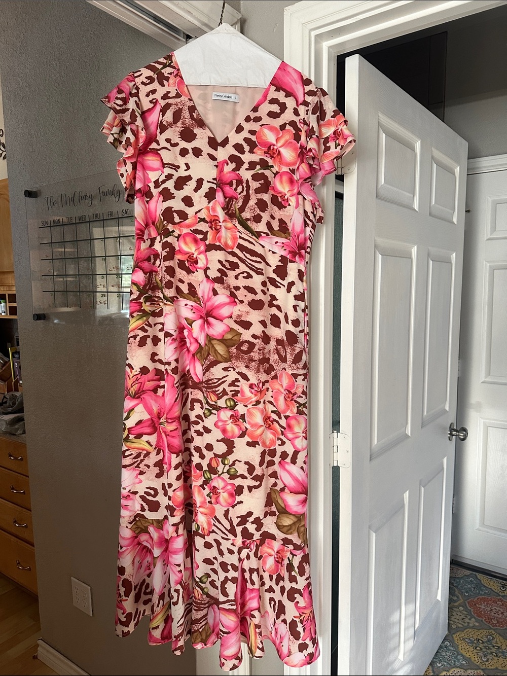 Pink Floral Leopard Print Maxi Dress with V-Neck
